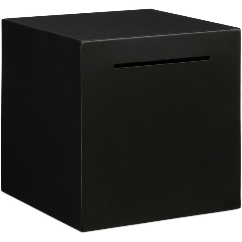 Relaxdays - Spardose nicht zum Öffnen, Edelstahl, 15 x 15 x 15 cm, Sparschwein für Erwachsene, Scheine & Münzen, schwarz