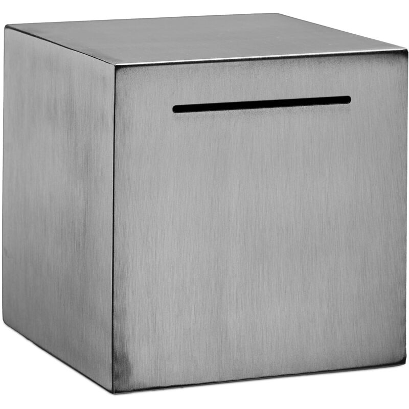 Relaxdays - Spardose nicht zum Öffnen, Edelstahl, 15 x 15 x 15 cm, Sparschwein für Erwachsene, Scheine & Münzen, silber