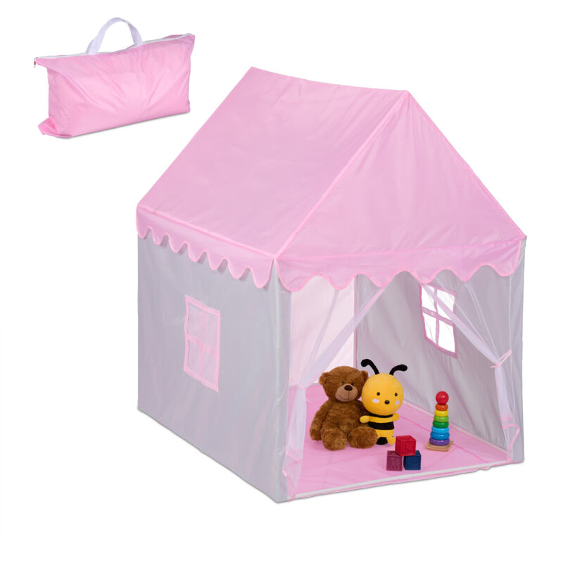 Spielzelt Haus-Design, hbt 130x95x125 cm, Kinderzelt, großer Eingang, Spielhaus indoor, Krabbelzelt, rosa/grau - Relaxdays