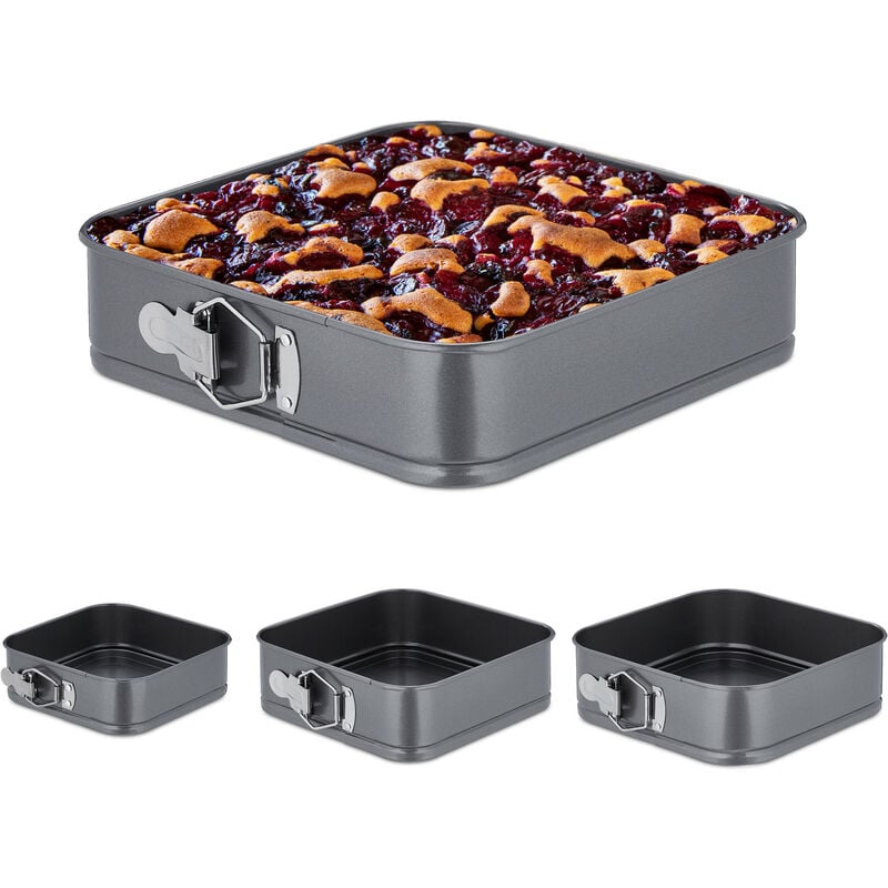 Springform 4er Set, quadratisch, 15, 18, 22, 26 cm, Edelstahl, antihaftbeschichtete Backformen, anthrazit - Relaxdays