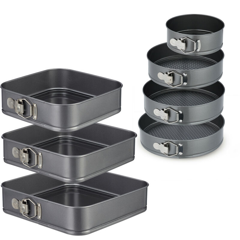 Springform Set, 7-teilig, rund & quadratisch, 18-28 cm, Stahl, Antihaftbeschichtung, Backformen, anthrazit - Relaxdays