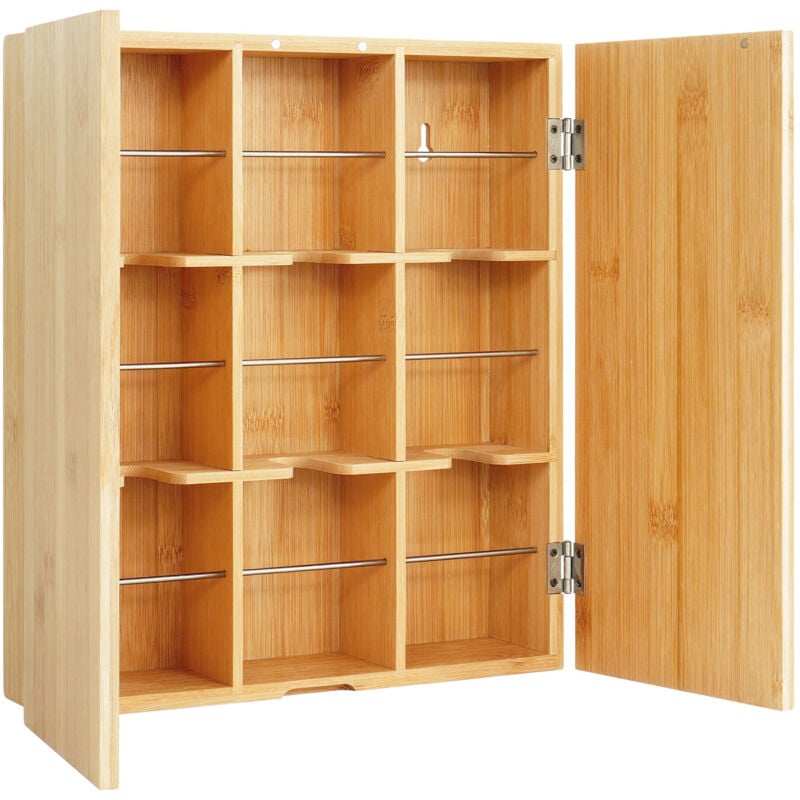 Relaxdays Teebox, 9 Fächer, Bambus, HBT: 31 x 26,5 x 7cm, Aufbewahrung Teebeutel, Kaffeepads, Wandmontage, natur/silber