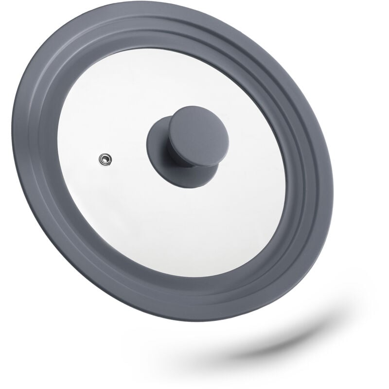 Relaxdays Topfdeckel universal, flexibler Glasdeckel mit Silikonrand & Dampfloch, Töpfe & Pfannen mit Ø 20-24 cm, grau