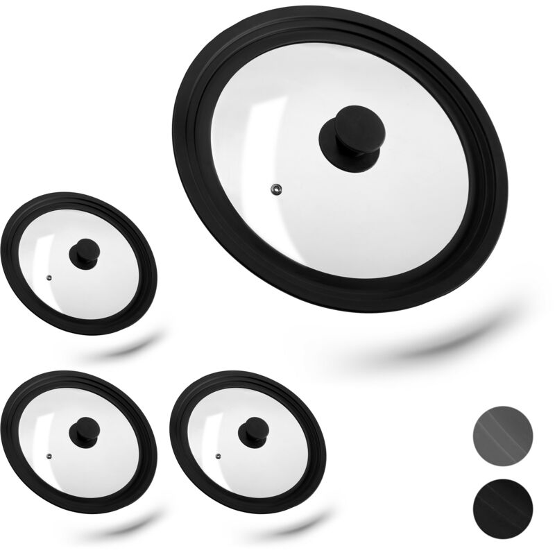 4 x Topfdeckel universal, Glasdeckel mit abgestuftem Silikonrand, Töpfe & Pfannen 26-30 cm, HxD: 5 x 31,5 cm, schwarz