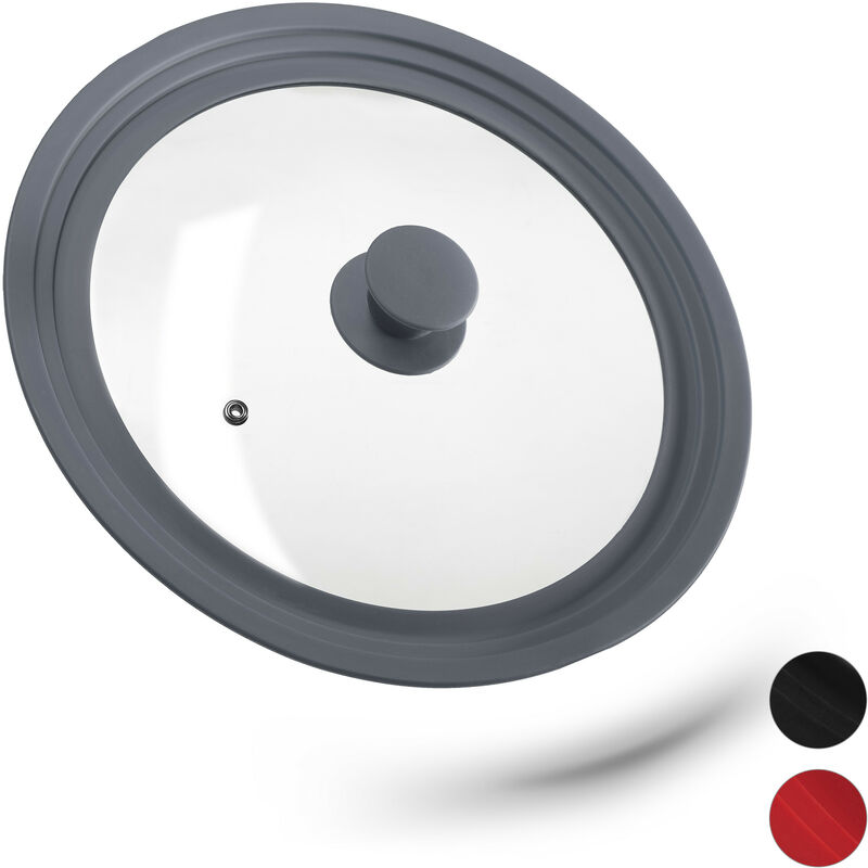Relaxdays Topfdeckel universal, Glasdeckel mit abgestuftem Silikonrand, Töpfe & Pfannen 26-30 cm, HxD 5x31,5 cm, grau