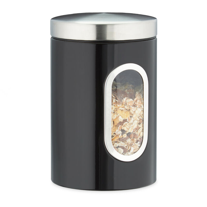 Relaxdays Vorratsdose, Deckel, Sichtfenster, 1,4 L, für Kaffee, Mehl, Pasta, Aufbewahrungsdose Küche, Metall, schwarz