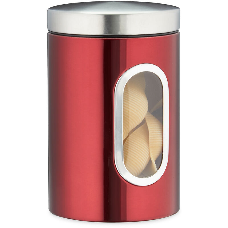 Vorratsdose, mit Deckel & Sichtfenster, 1,4 l, für Kaffee, Mehl, Pasta, Aufbewahrungsdose Küche, Metall, rot - Relaxdays