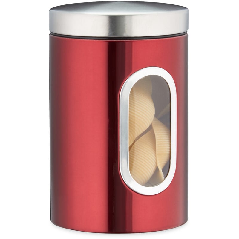4 x Vorratsdose, 1,4 l, mit Deckel und Sichtfenster, für Kaffee, Mehl, Pasta, Aufbewahrungsdose Küche, Metall, rot