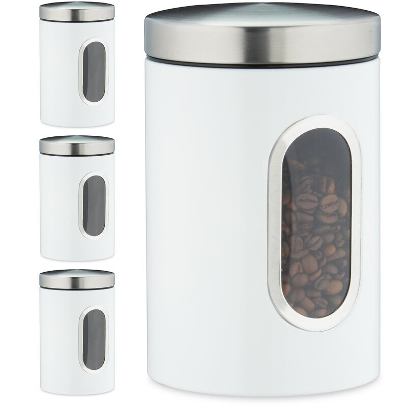 4 x Vorratsdose, 1,4 L, mit Deckel und Sichtfenster, für Kaffee, Mehl, Pasta, Aufbewahrungsdose Küche, Metall, weiß