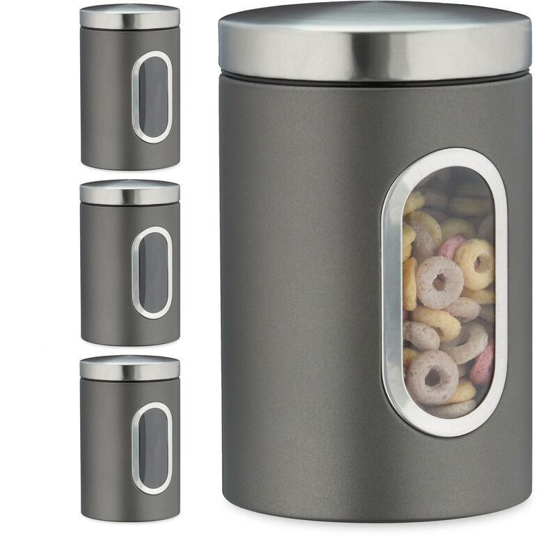 4 x Vorratsdose, 1,4 L, mit Deckel und Sichtfenster, für Kaffee, Mehl, Pasta, Aufbewahrungsdose Küche, Metall, grau