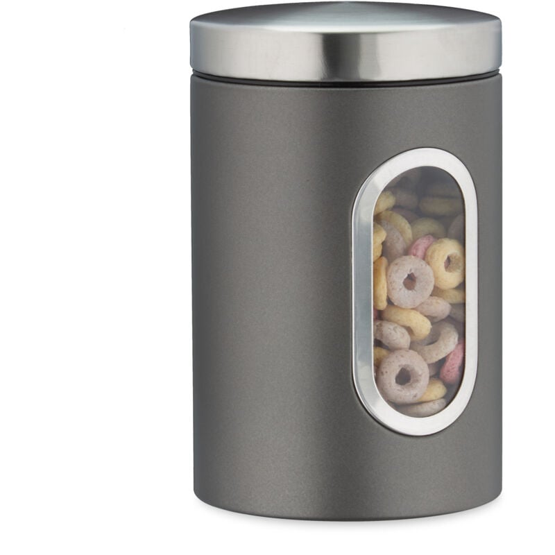 6 x Vorratsdose, 1,4 l, mit Deckel und Sichtfenster, für Kaffee, Mehl, Pasta, Aufbewahrungsdose Küche, Metall, grau