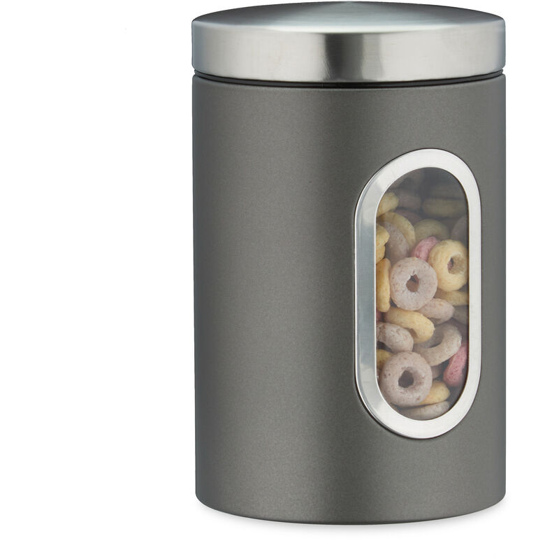 Vorratsdose, mit Deckel & Sichtfenster, 1,4 l, für Kaffee, Mehl, Pasta, Aufbewahrungsdose Küche, Metall, grau - Relaxdays