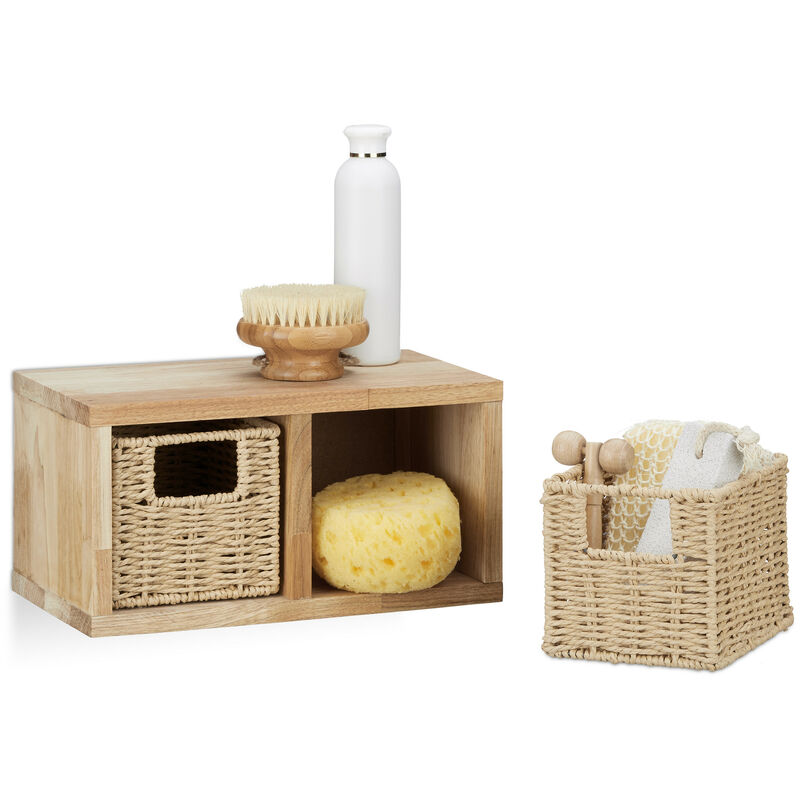 Relaxdays - Wandregal Walnuss 2 herausnehmbare Körbe, natürliches Design, zur Wandmontage, natur