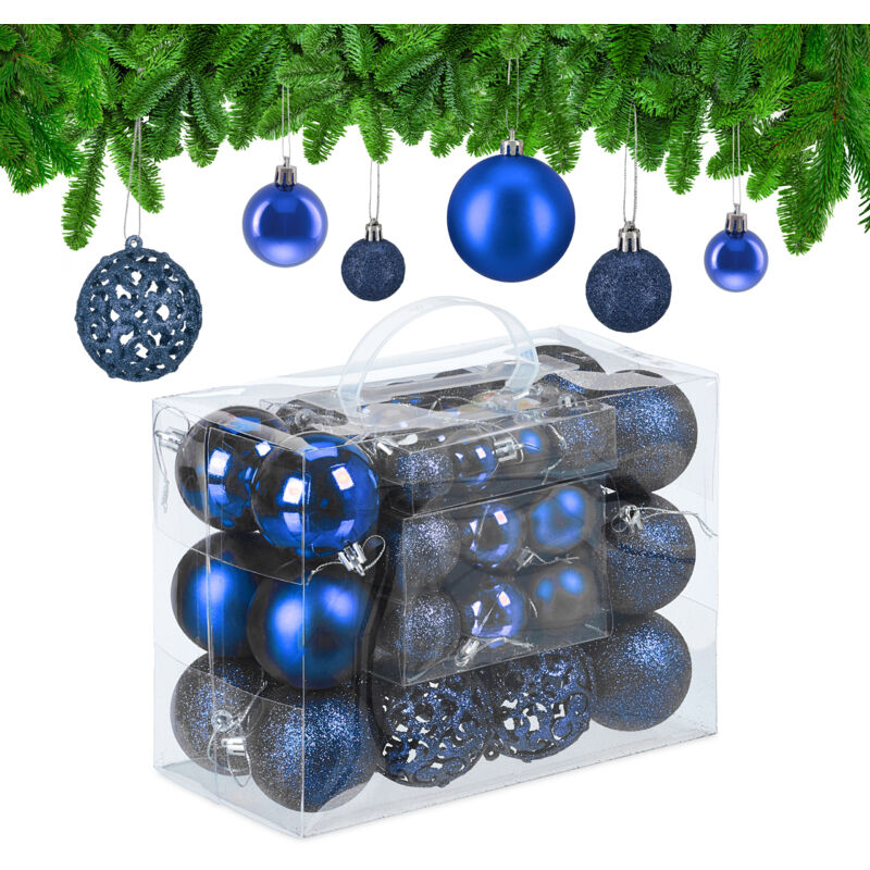 Relaxdays - Weihnachtskugeln im 50er Set, glitzernde, matte & glänzende Christbaumkugeln, Kunststoff, ∅ 3, 4 & 6 cm, blau