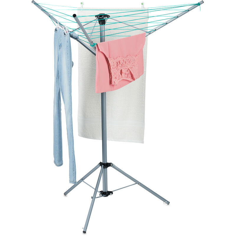 Relaxdays - Wäschespinne, 15 m Leine, für Garten & Camping, klappbar, mit Standfuß, Balkon Wäscheschirm h: 140 cm, silber