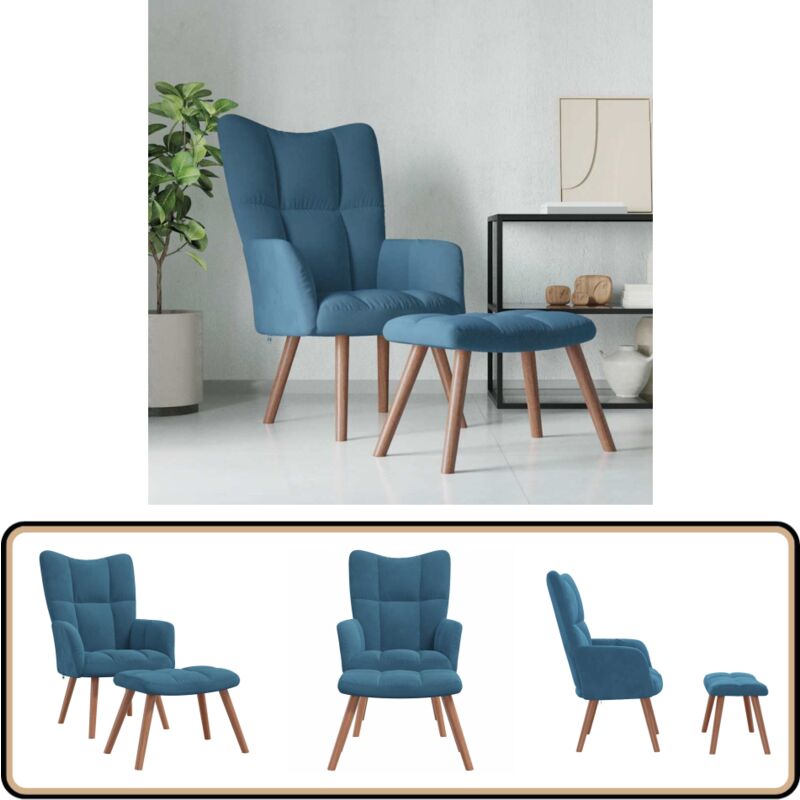 Relaxsessel mit Hocker Blau Samt - Sessel - Samt Sessel - Wohnraum Dekoration - Bequemlicher Sessel - Blau Sessel
