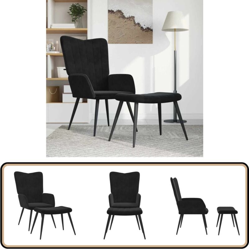 Relaxsessel mit Hocker Schwarz Samt - Samtsofa - Sessel Schwarz - Lounge Chair - Beistelltisch - Relax Sessel