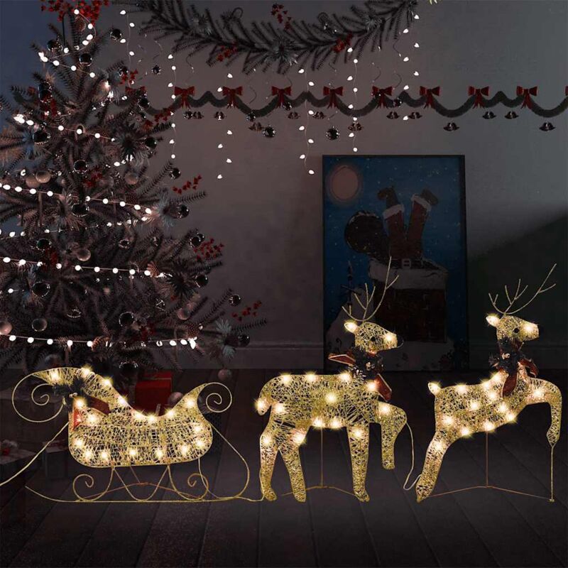 Weihnachtsdeko Rentier & Schlitten 60 LEDs Outdoor Golden vidaXL