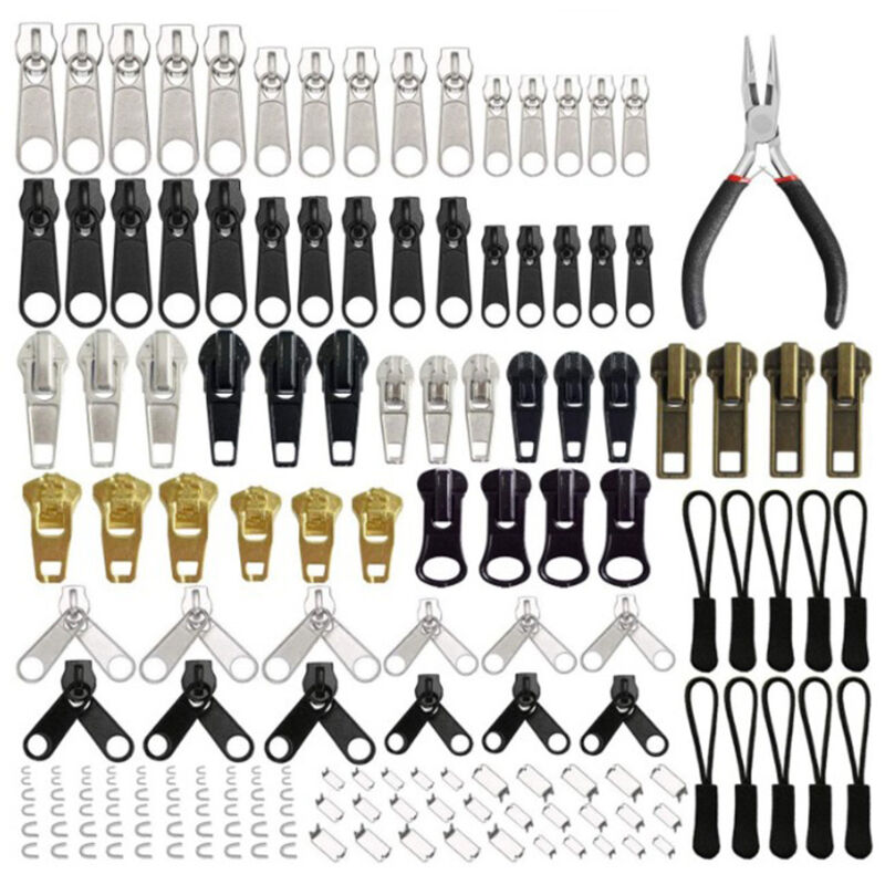 Reparaturset für Reißverschlüsse mit Reißverschlusszange und Verlängerungszippern für Kleidung, Jacken und Rucksäcke (Silber und Schwarz)