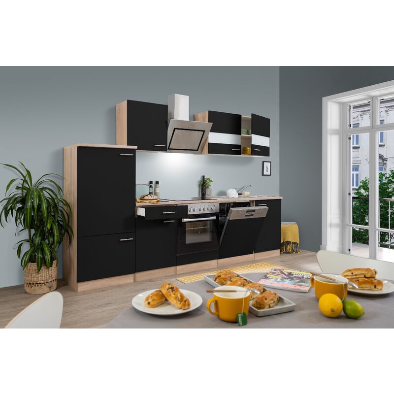 Küche Küchenzeile Leerblock Einbauküche Eiche Schwarz Merle 280 cm Respekta