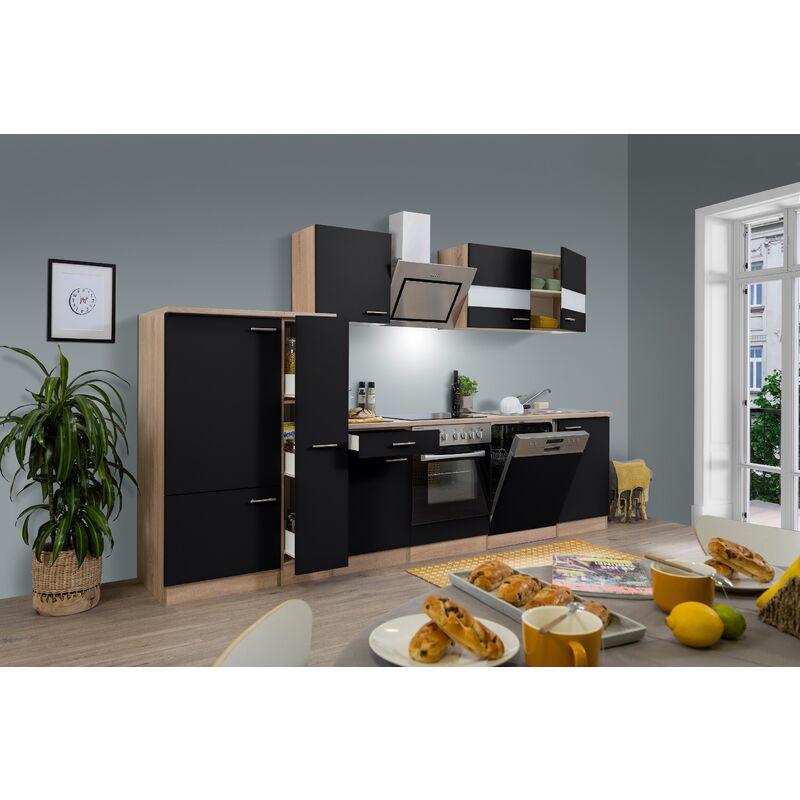 Küche Küchenzeile Leerblock Einbauküche Eiche Schwarz Merle 310 cm Respekta