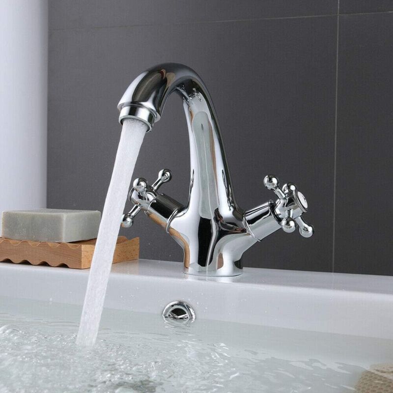 Retro Bad Waschbecken Armatur Nostalgie Mischbatterie mit Kreuzgriffen in Chrom