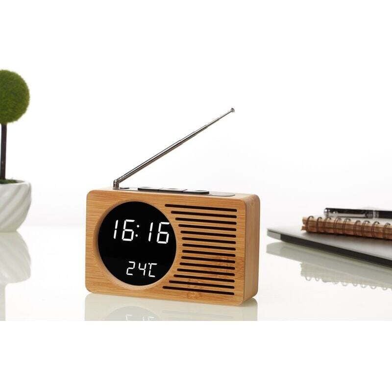 Retro-hölzerner Nachttisch-Radio-Lazy-Wecker, stummgeschalteter Wecker, kreatives Geschenk, elektronische Uhr, 16,5 4,5 9 cm, Bambusspiegel, echtes