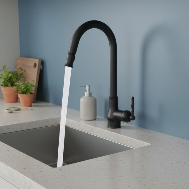 Retro-Küchenarmatur im Vintage-Stil, 360° schwenkbarer Einhebelmischer, Armatur mit ausziehbarer Brause, ausziehbare Armatur, Küchenarmatur, schwarz