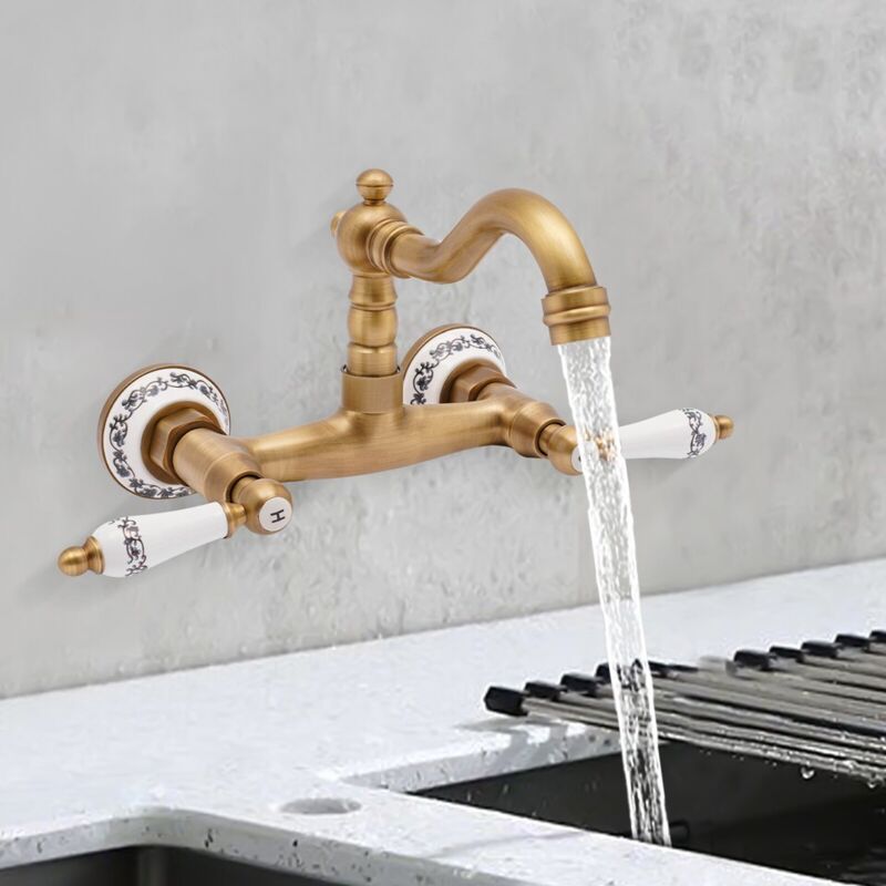 Retro-Wasserhahn, Wasserhahn mit drehbarem Doppelgriff, Unterputz-Wasserhahn im antiken Stil, Wand-Küchenarmatur aus Messing, Waschbeckenarmatur.