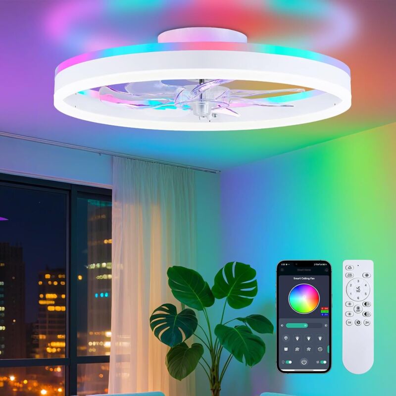 RGB-Deckenventilator mit Beleuchtung, 40 cm Pendel-Deckenventilator, Beleuchtung mit Fernbedienung, App-Steuerung, Weiß