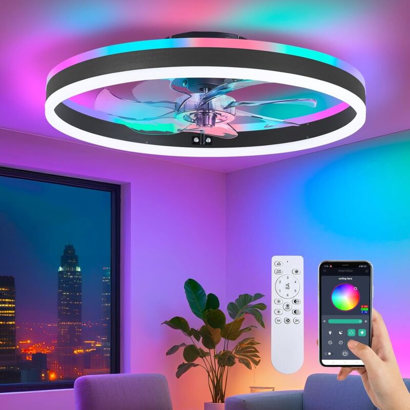 RGB-Deckenventilator mit Beleuchtung, 50 cm Pendel-Deckenventilator, Beleuchtung mit Fernbedienung, App-Steuerung, Schwarz
