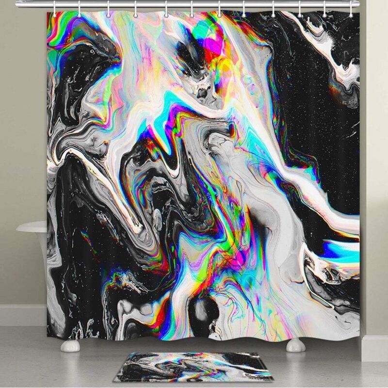 Mable Duschvorhang in Schwarz und Weiß, cooles, farbenfrohes Duschvorhang-Set mit Gouache-Regenbogen und Goldrissen, Marmor, wasserdicht, trippig,