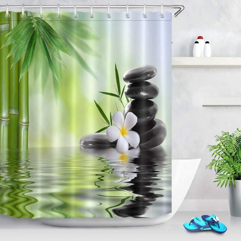 Spa-Duschvorhang mit Haken, schwarzer Stein-Orchideen-Bambus-Wasserbadvorhang, 180 B x 200 H cm, wasserabweisend, waschbar, schimmelresistent,