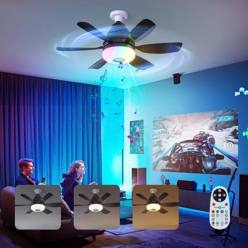 Roadtime 47 cm RGB-Deckenventilator mit Licht, 32 w, E27-Sockel, dimmbarer Deckenventilator mit 3 Geschwindigkeiten, 6 Flügeln und Fernbedienung,