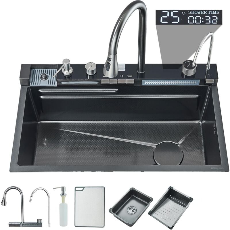 Küchenspüle Wasserfall-Spüle mit LED-Temperaturanzeige mit Tassenwaschmaschine, schwarzer Seifenspender, Wasserfall Spüle mit Pull Down Spray