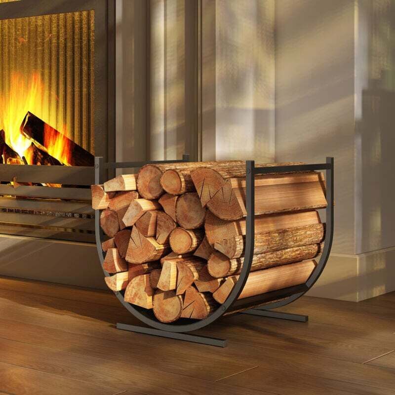 Robuster, gebogener Brennholzhalter für den Innen- und Außenbereich, Metallrahmen, 43 x 33 x 38 cm, schwarz. Zur Aufbewahrung von Brennholz.