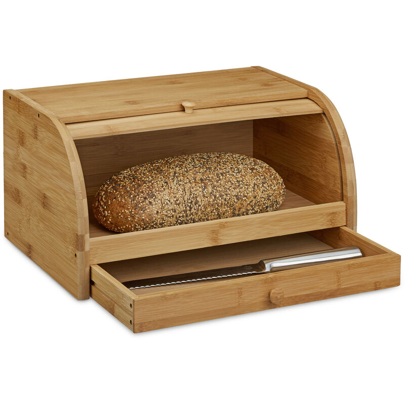 Rollbrotkasten mit Schublade, Bambus, aromadicht, Brotkasten mit Rolldeckel, HxBxT: 21x40,5x28 cm, Holz, natur - Relaxdays