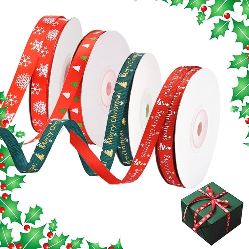 Rollen Weihnachtsband, 10 mm breites Geschenkband, 4 verschiedene Designs à 36 Meter, für Weihnachtsdekoration, Geschenkverpackung und