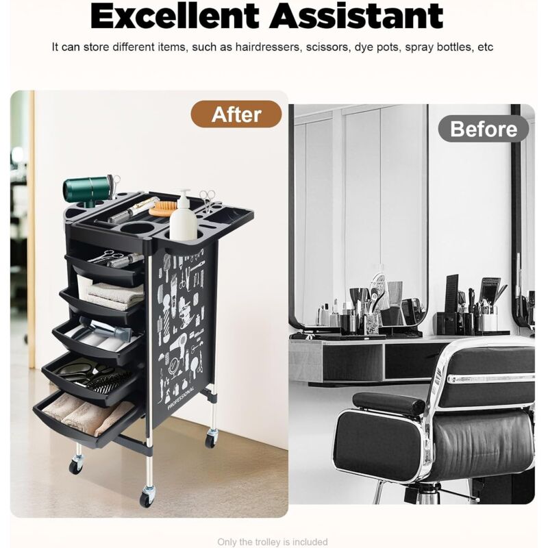 Rollwagen Friseurwagen Bedienungswagen mit 5 Schubladen und Rollen,Salon Arbeitswagen Rollwagen Trolley Stylist Friseur (Schwarz)