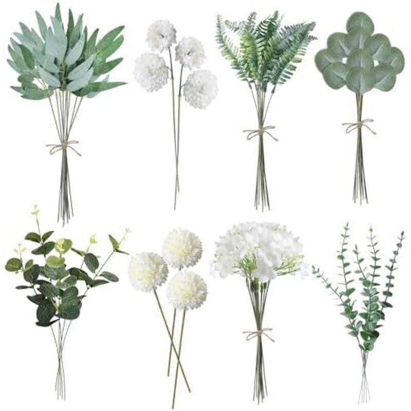 ROLLWAY 55 Stück Künstliche Zweige & Kunstblumen, Weiß Blumen Blätter Künstlich Dekozweige, Kunst Blumen Kunstblumenstrauss Eukalyptus Hortensien für