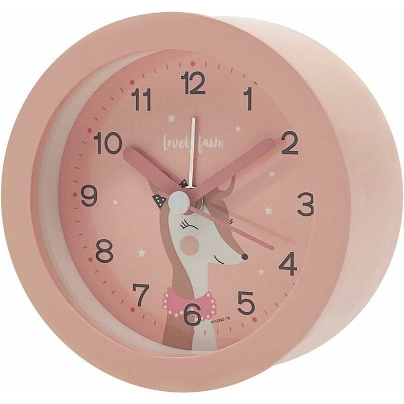 Ymyny - Rosa Hirschmädchen-Wecker für Kinder, leiser analoger Wecker, süßer Kinderwecker mit Nachtlicht, runder digitaler Nachttischwecker,