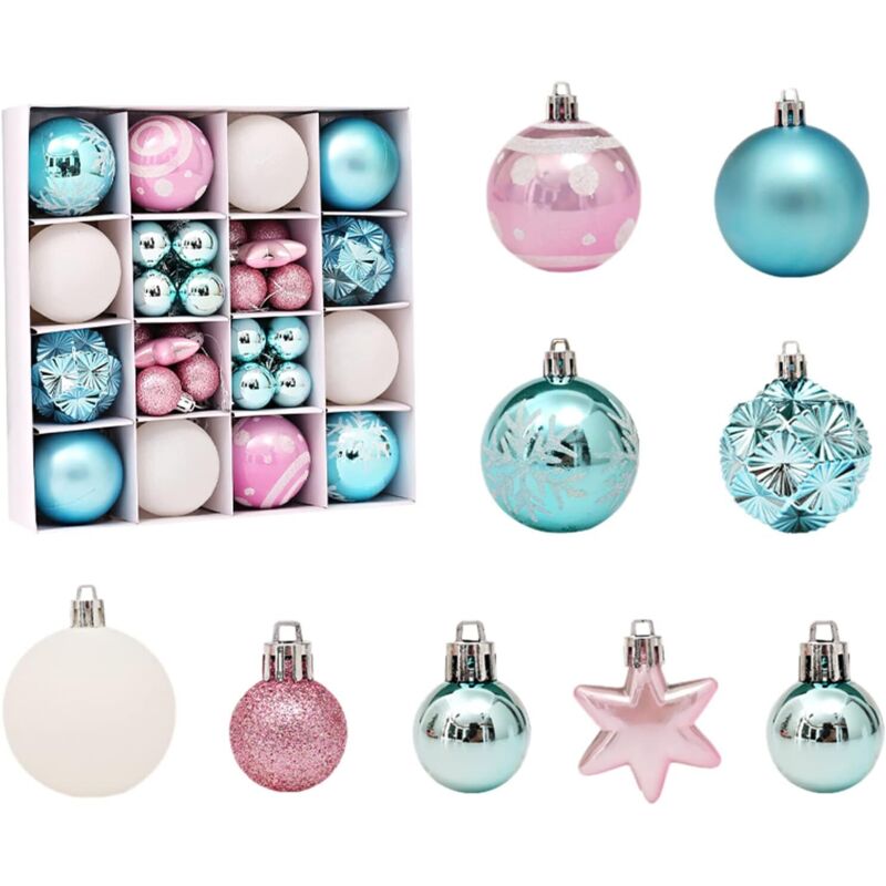 Rosa und blaue Weihnachtskugeln aus Kunststoff, 42 Stück, Christbaumschmuck in verschiedenen Designs, Weihnachtsdekoration