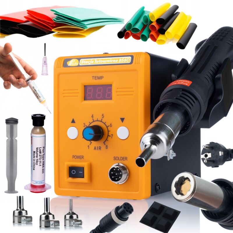 Rosfix Set 858D Heißluft-Lötstation – 700 W, 100–500 °C, LED-Anzeige 3 Düsen, Flux RMA-223, 328 Schrumpfschläuche ESD-Schutz Elektronik-Reparatur &