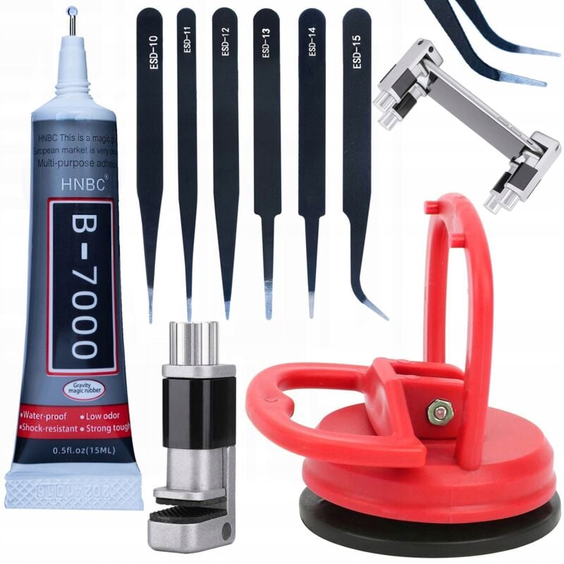 Rosfix Saugnapf für LCD-Displays 55 mm + B-7000-Kleber 15 ml + Schraubstock für LCD-Displays + Set mit 6 Präzisionspinzetten