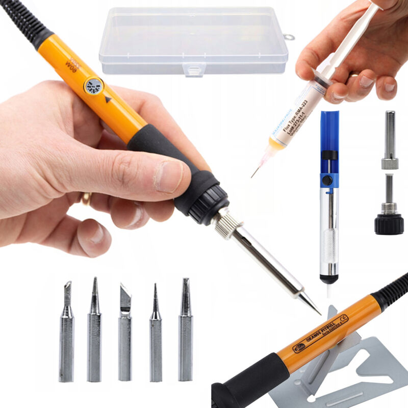 Rosfix Set Orange Pitbull OP60W – Elektrischer Lötkolben 60 W mit Temperaturregler 200–450 °C, 6 Spitzen, Entlötpumpe, Flux, Organizer Lötzubehör für