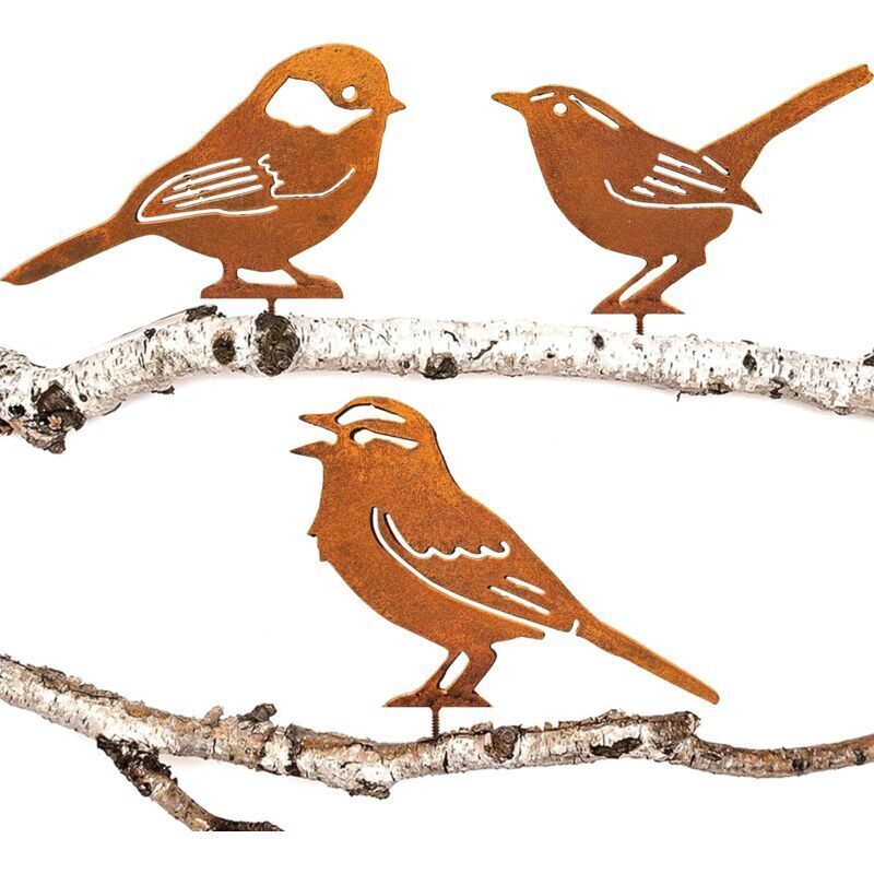 Rostige Vögel Gartendeko für Baum, natürliche Rostpatina, Gartendeko Blume Retro, Meise, Wintergoldhähnchen, Haussperling FLITI