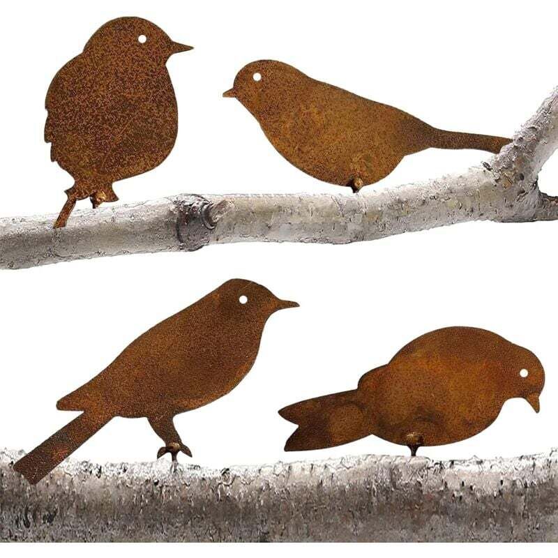 Rostiger Gartendeko Stecker, 4 Metallvögel mit Schrauben, Gartenvögel Silhouette Deko, Metall Gartendeko mit Rosteffekt Patina, Gartendeko