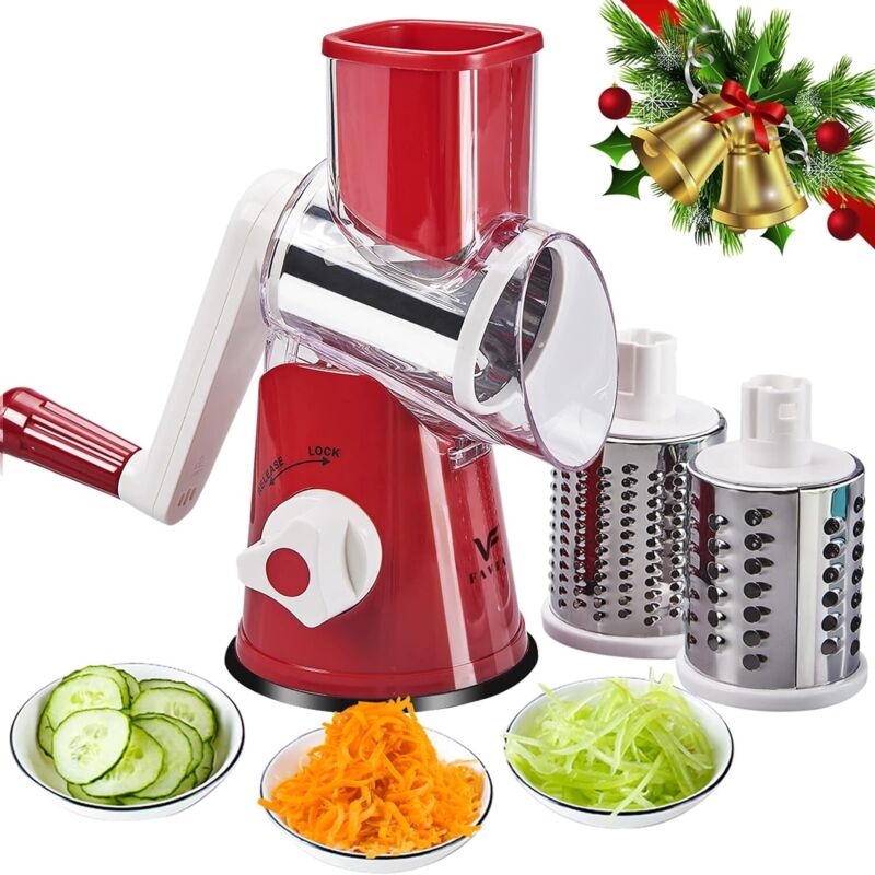 Handreibe mit Rotationsfunktion für Gemüse, multifunktionale manuelle Gemüsereibe mit Trommel und 3 Edelstahlklingen, für Obst, Gemüse und Käse (Rot)