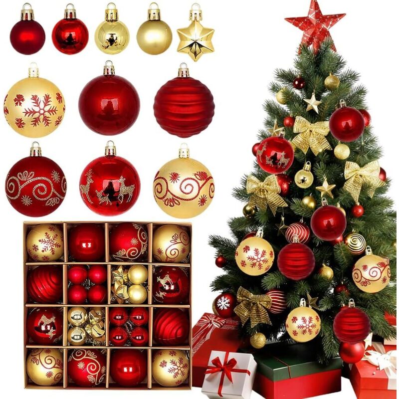 Rote und goldene Weihnachtskugeln, 44 Mini-Weihnachtskugeln, Christbaumkugeln, geeignet für den Innen- und Außenbereich