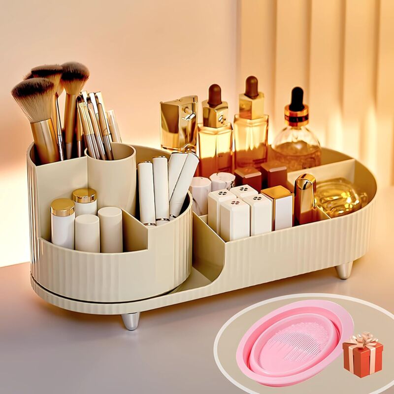 Jalleria - Rotierende Make-up-Aufbewahrung und Fächer 2 in 1, Make-up-Pinseltopf, 360-Grad-Make-up-Organizer für Schlafzimmer, Badezimmer,